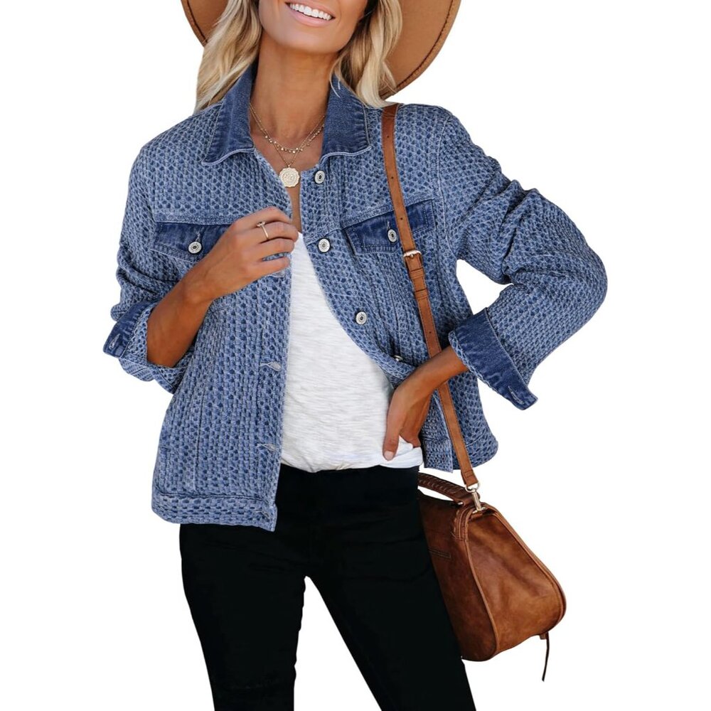 Women Jean Jacket Casual Distressed Denim Long Sleeve Pockets Button Down